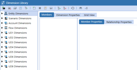 The Dimension Library screen has a toolbar row on the top with icons and a list of different dimension types that are created and maintained in the dimension library on the left side of the screen. Each dimension type has an arrow to the left that can be expanded. Entity Dimensions is selected to show the Members, Dimension Properties, and Grid View tabs. The Members tab is selected to show the next level of tabs for Member Properties and Relationship Properties.